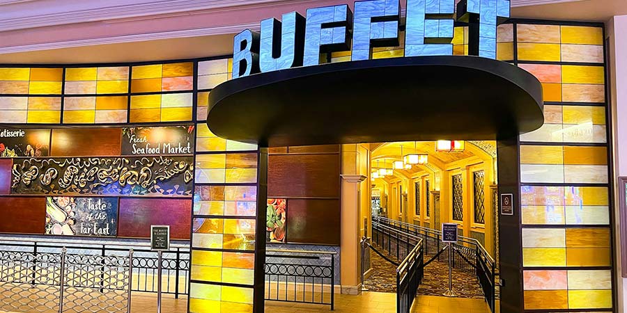 front view of a buffet restaurant entrance inside a casino