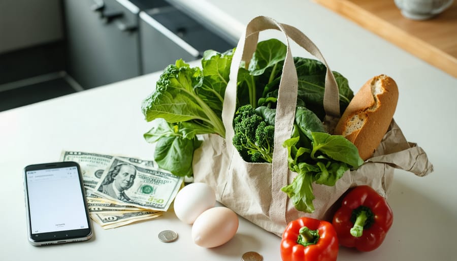 Reusable grocery bag filled with fresh produce next to Canadian banknotes, coins, and a smartphone on a kitchen countertop, with a modern kitchen softly blurred in the background.