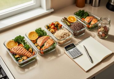 Overhead flat lay of glass meal prep containers with vegetables and proteins next to a calculator, coin jar, and blank notebook on a modern kitchen counter in soft natural light.