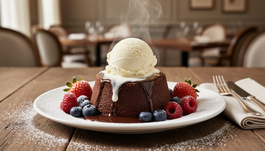 Chocolate pudding cake in baking dish topped with melting vanilla ice cream and fresh raspberries