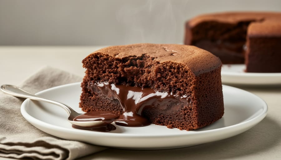 Slice of chocolate pudding cake showing distinct cake layer on top with glossy chocolate pudding sauce underneath