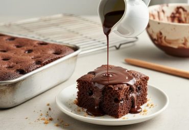 Close-up of a chocolate pudding poke cake in a metal pan with a slice on a plate as chocolate syrup and condensed milk are drizzled from a white pitcher, showing glossy topping, visible poke holes, and a moist crumb, with blurred kitchen tools in the background.