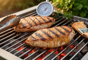 Close-up of seasoned chicken breasts grilling on a BBQ with visible char marks and a thermometer nearby, styled as a chef-tested method for keeping chicken juicy.