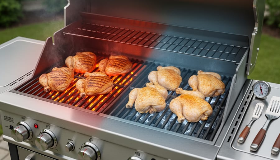 BBQ grill with two heat zones and seasoned chicken breasts positioned for indirect finishing.
