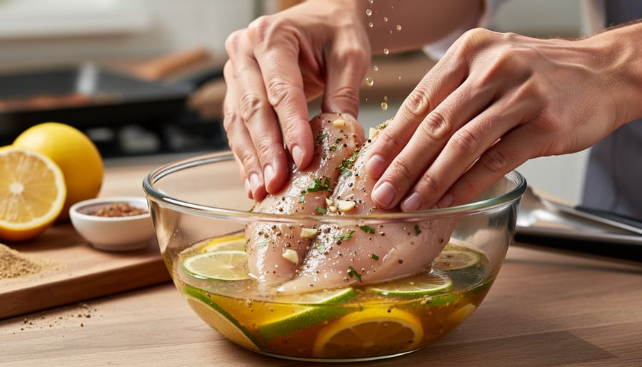 Chef’s hands brushing lemon garlic avocado-oil marinade onto raw chicken breasts.