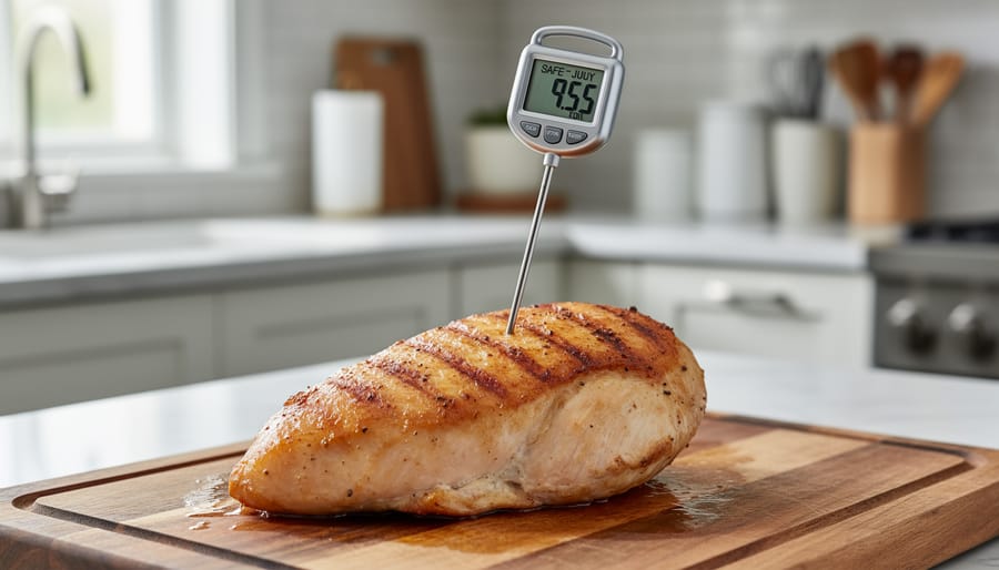 Food thermometer checking the internal temperature of grilled chicken breast on BBQ grates.