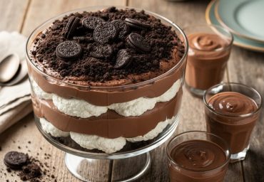 Close-up of chocolate dirt cake layers in a glass dish with crushed chocolate cookie crumbs and creamy chocolate pudding.