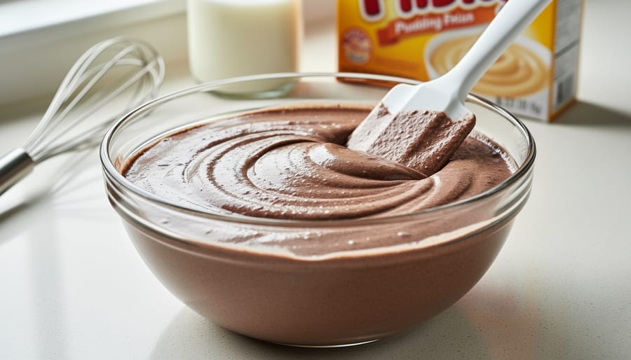 Close-up of chocolate pudding mixture in a bowl with a whisk and creamy filling nearby on a kitchen counter.