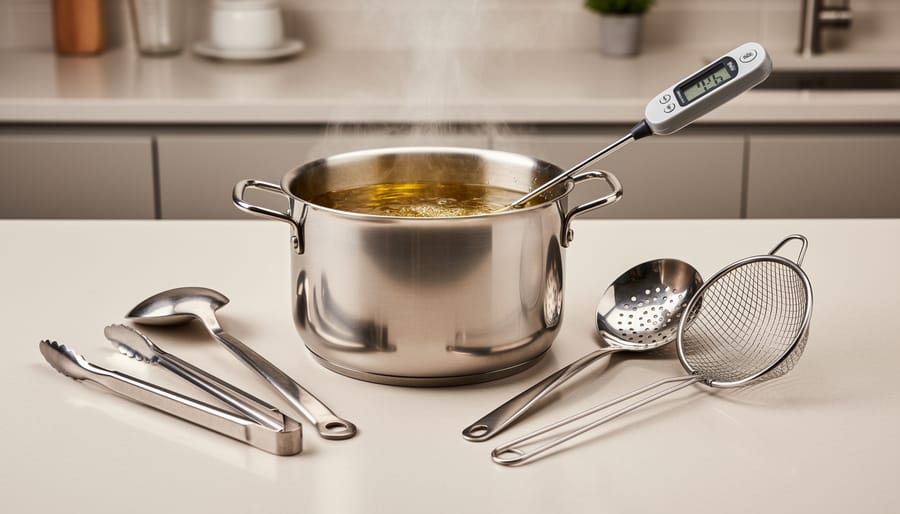 Deep pot of hot oil with a thermometer and baking supplies prepared nearby