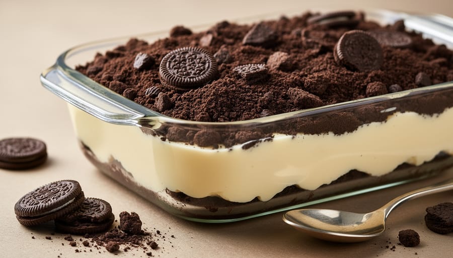 Finished dirt cake with chocolate pudding layers and crushed Oreo crumbs in a glass trifle bowl.