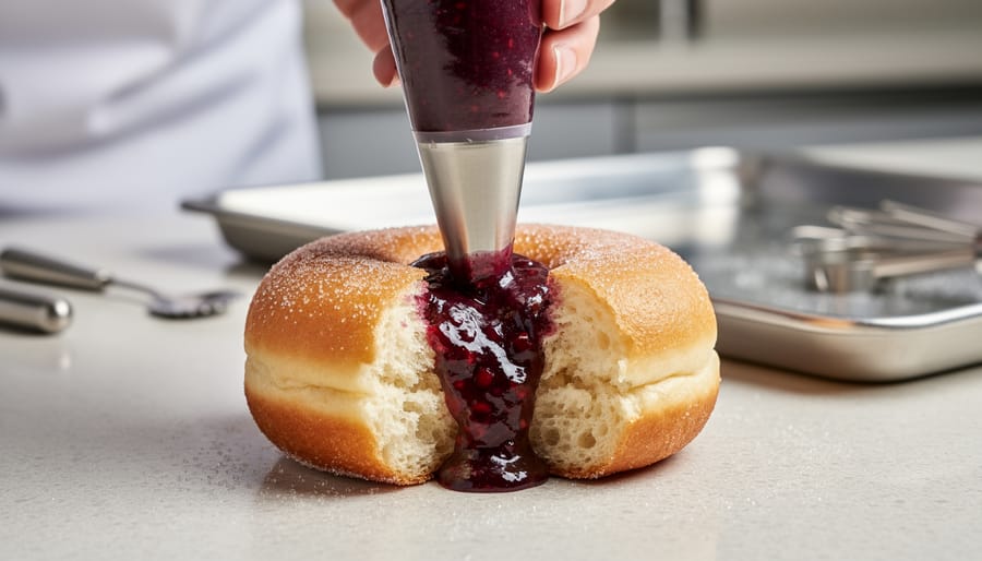 Macro close-up of piping jelly into a doughnut with glossy filling at the opening