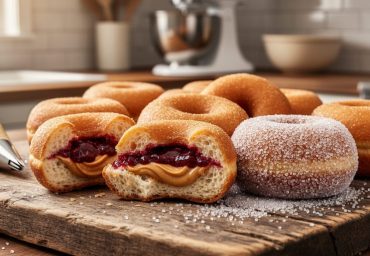 Golden sugar-coated peanut butter and jelly donuts on a wooden board with a visible jam-filled center and a piping bag in the background.