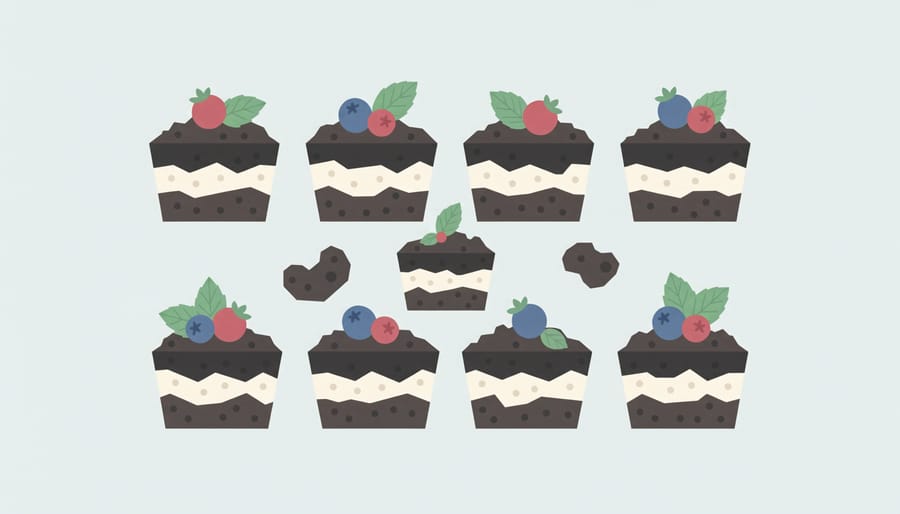 Small jars of dirt cake topped with lighter cookie crumbs, with fresh berries and mint on a table.