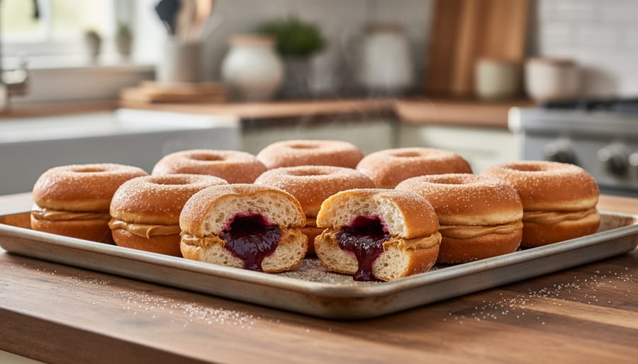 Tray of peanut butter and jelly doughnuts with jam filling visible on freshly fried pastries