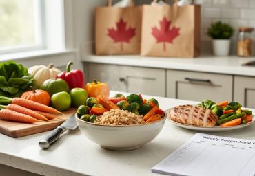 Healthy meal prep on a kitchen counter with roasted vegetables, brown rice, grilled chicken, and fresh seasonal produce arranged beside a cutting board and grocery bags.