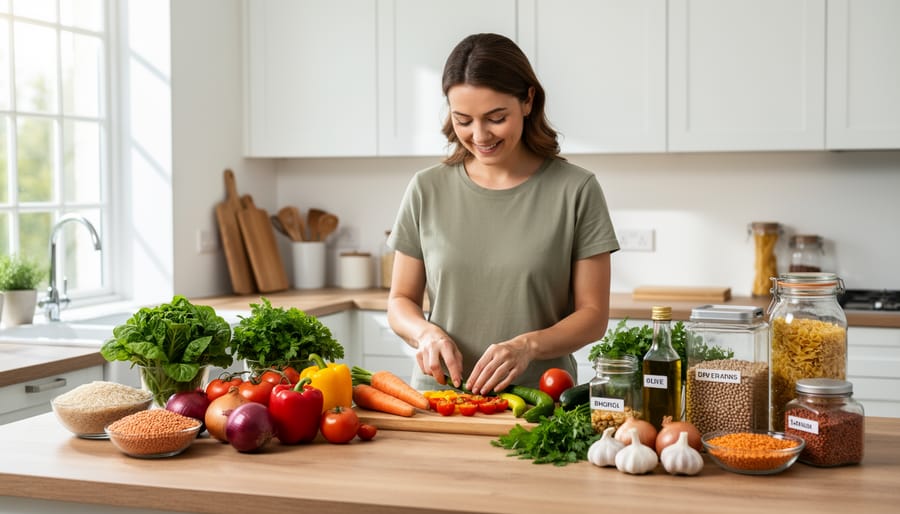 Adult preparing chopped vegetables on a cutting board beside a pot of simmering food in a bright home kitchen