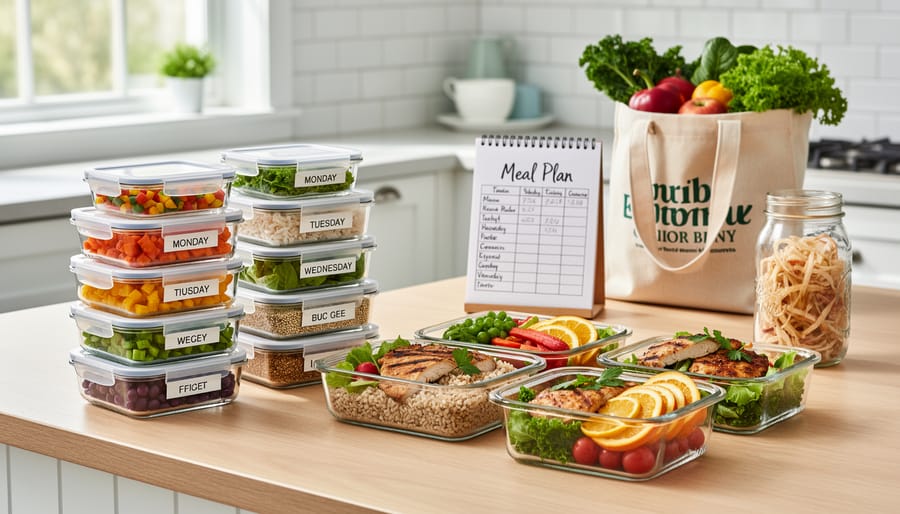 Top-down view of prepared vegetables and meal containers ready for portioning during meal prep