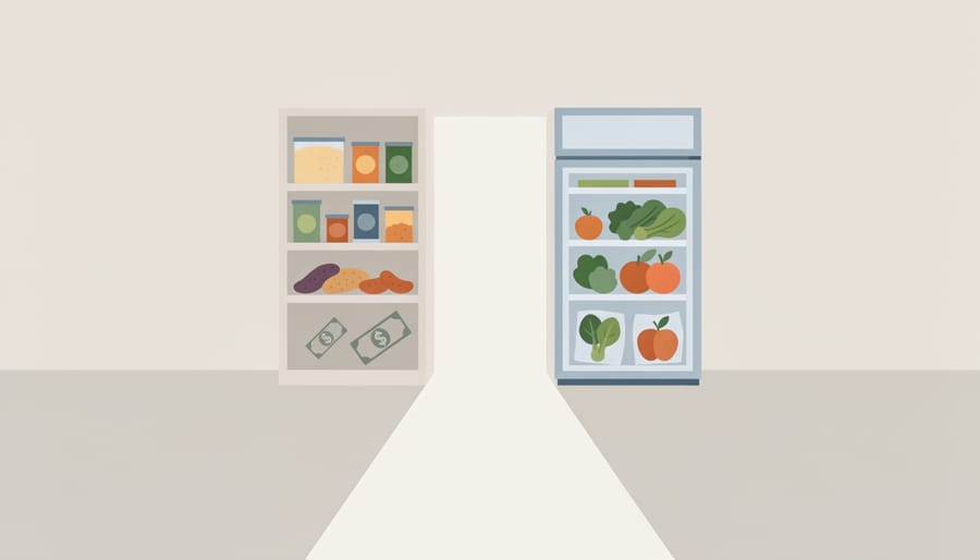 Open pantry shelf and freezer containing affordable healthy food staples like oats, beans, rice, and frozen meal containers