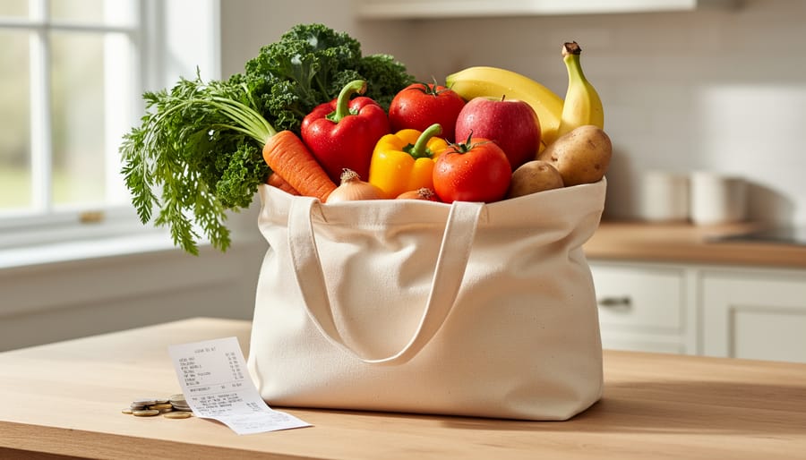 Seasonal vegetables and herbs arranged in a reusable tote bag on a table
