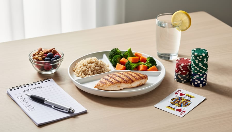 Balanced plate of vegetables and whole grains on a Canadian dining table with water and a closed notebook nearby.