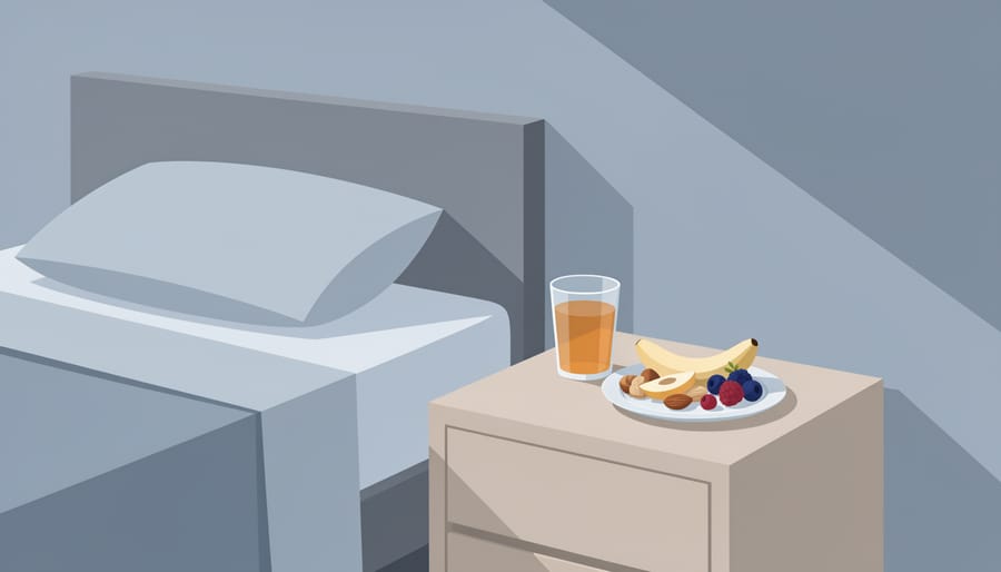 Bedside table with tart cherry juice, whole grain crackers with cheese, and an herbal tea setup in warm lamplight