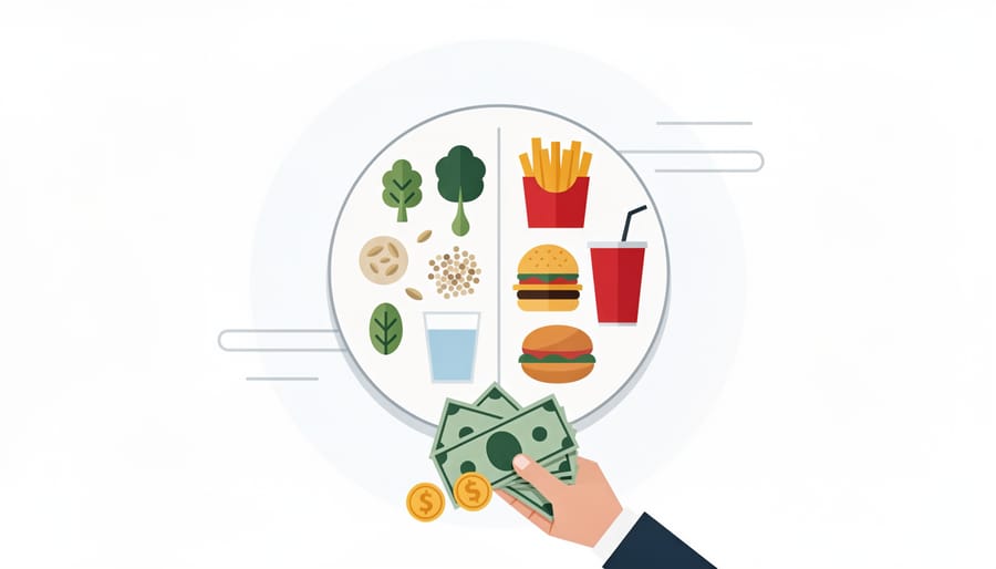 Balanced meal plate with a budgeting notebook and pen on a kitchen surface
