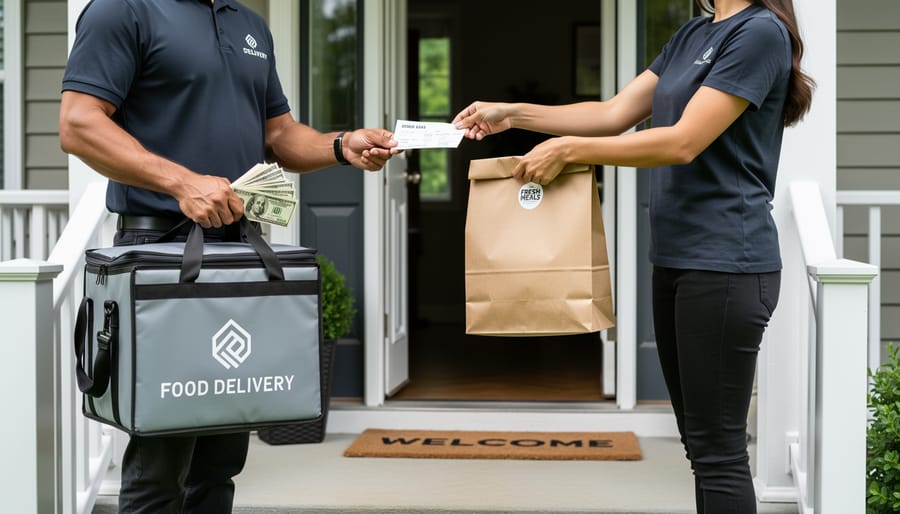 Delivery courier holding an insulated bag while a customer hands over cash at a front porch