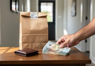 “A food delivery bag placed on a home entry table next to a stack of cash, representing cash payment options for food delivery in Canada.”