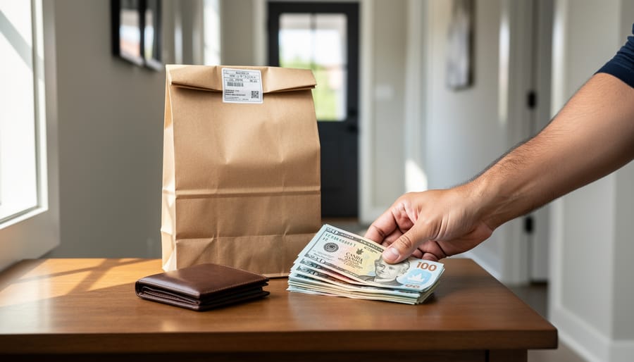 “A food delivery bag placed on a home entry table next to a stack of cash, representing cash payment options for food delivery in Canada.”