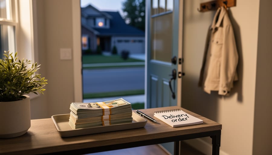 Cash and a sealed insulated food delivery bag on a kitchen table