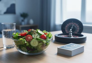 “Healthy salad and water beside casino gaming elements on a wooden table, symbolizing balanced, responsible entertainment in Canada.”