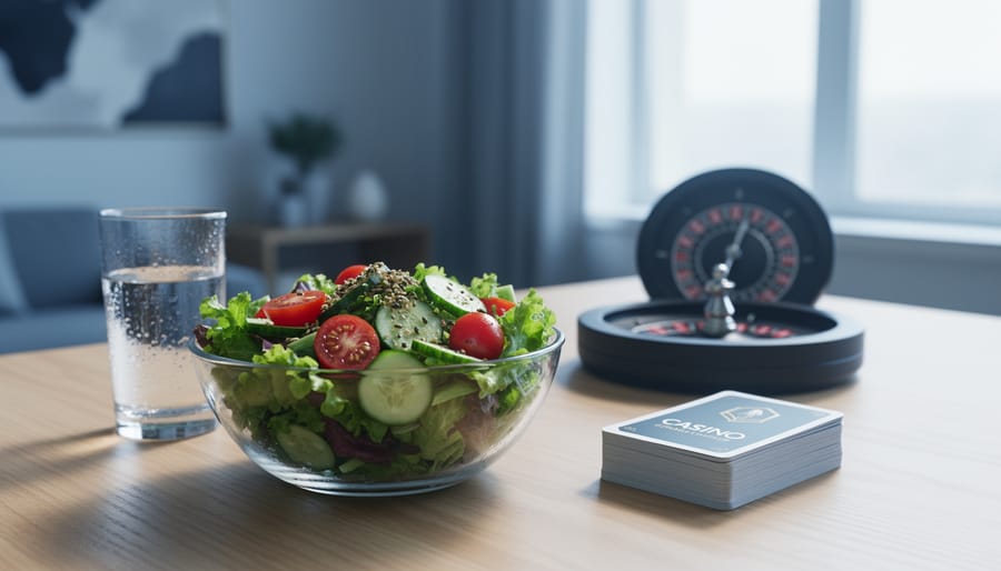 “Healthy salad and water beside casino gaming elements on a wooden table, symbolizing balanced, responsible entertainment in Canada.”