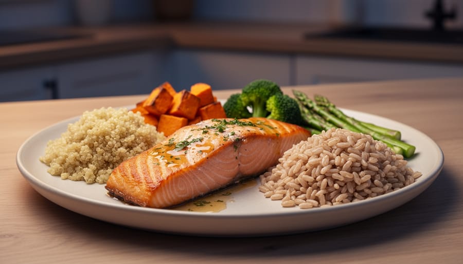 Grilled salmon with oatmeal topped with banana and almond butter on a dinner plate