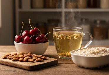 Almonds, tart cherries in a bowl, and a steaming cup of chamomile tea on a wooden table in a warmly lit kitchen setting.