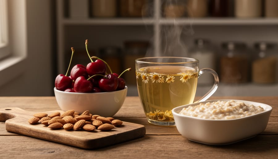 Almonds, tart cherries in a bowl, and a steaming cup of chamomile tea on a wooden table in a warmly lit kitchen setting.