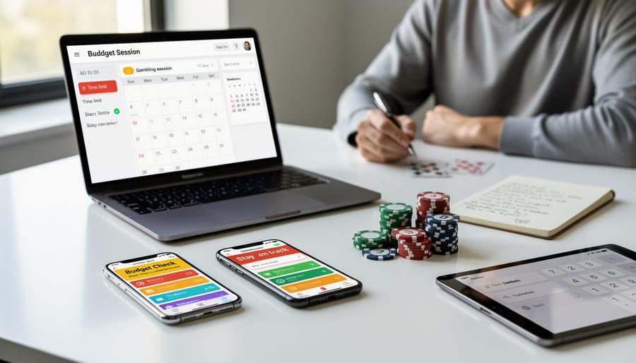 Hands placing an hourglass beside coins and a smartphone on a desk to suggest mindful budgeting and time awareness.