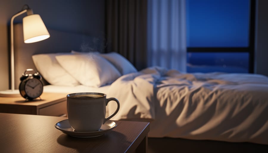 Person holding a coffee mug while entering a dim, bedtime-focused living area