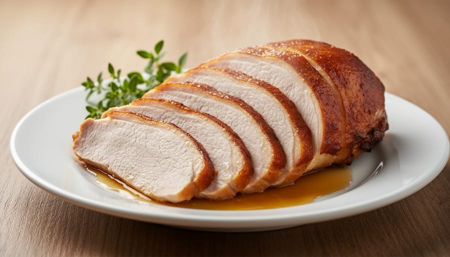 Sliced turkey being carved and served on a platter with roasted vegetables in the background.