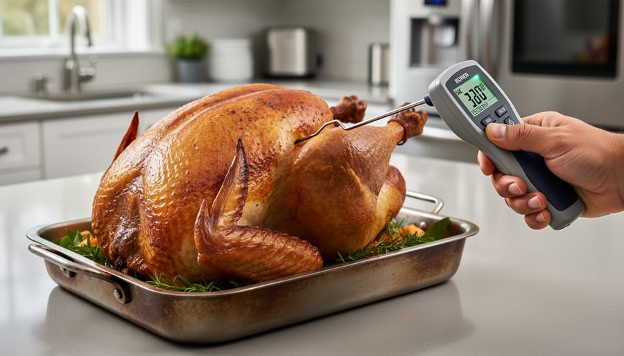 Digital instant-read meat thermometer inserted into roasted turkey thigh