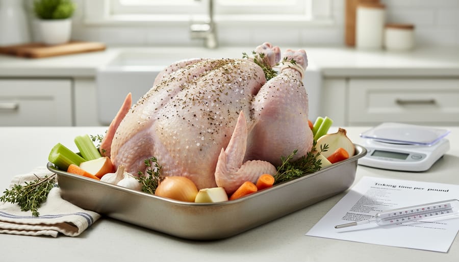 Whole raw turkey on a roasting rack in a shallow pan on a kitchen countertop.