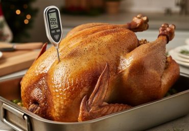 Roasted turkey in a roasting pan with a digital instant-read thermometer inserted into the thick part of the breast to check doneness.