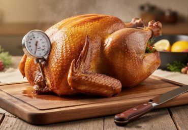 Golden roasted turkey on a carving board with a meat thermometer in the thigh, ready to be carved on a holiday table.