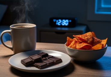 Close-up of dark chocolate, spicy chips, and a coffee mug on a dinner table at night with a softly blurred bedside alarm clock in the background.