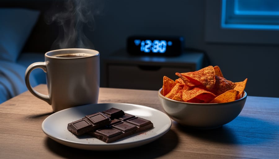 Close-up of dark chocolate, spicy chips, and a coffee mug on a dinner table at night with a softly blurred bedside alarm clock in the background.
