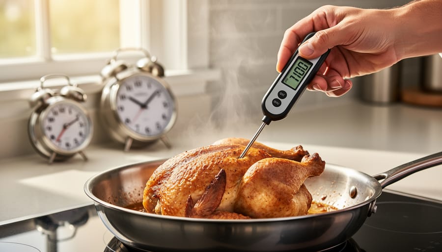 Close-up of a meat thermometer probe inserted into the thick part of a turkey.