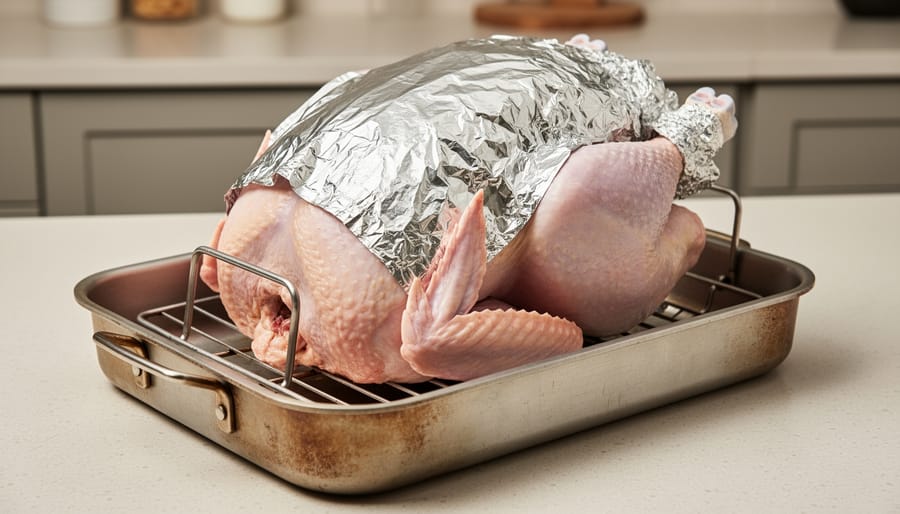 Raw turkey on a roasting rack in a pan with foil tented over the breast
