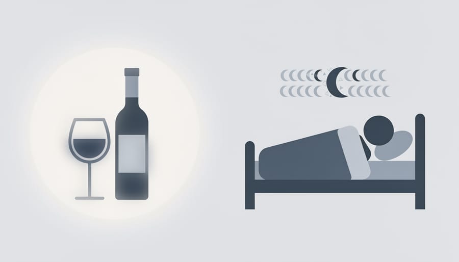 Nightstand with a glass of red wine and a glowing alarm clock in a dim bedroom